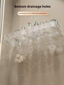 1pc Suction Cup Rectangular Bathroom Shelf, No-Drill Wall-Mounted Transparent Bathroom Organizer, Large Capacity With Hooks, Quick Drainage, Moisture-Proof, Ideal For Bathroom, Washbasin, Kitchen Storage Box Home Bathroom Decor Bathroom Accessories Bathroom Organizer Fall Decor Back To School