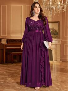 甜心亮片花卉蕾丝撞色雪纺荷叶边下摆主教袖优雅正式派对长裙、婚礼宾客礼服、秋季礼服，适合生日、毕业典礼、返校节 - 紫紅色 - 查看 8