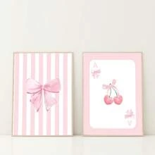 3pcs Pink Bow Watercolor Wall Art Picture Girly Canvas Prints Paintings Preppy Poster Decor For Bedroom, Living Room, Or Office College Apartment Room Decor No Frame