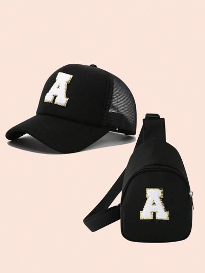 2pcs/Set Boys' Letter Graphic Baseball Cap And Bag, Girls' Breathable Fitted Design Suitable For Daily Wear And Outdoor Activities