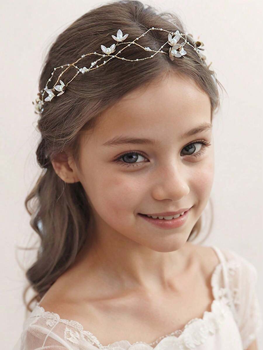 1 Peça Tiara de Contas Feita à Mão, Belas Flores para Usar por Meninas, Acessório de Roupa para Meninas das Flores, Acessório de Tiara de Flor para Casamento, Adequado para Festas de Aniversário e Fotografia de Performance, é uma Escolha Ideal para Dar de Presente para Meninas (As Cores das Fitas são Branco e Bege, e Serão Enviadas Aleatoriamente)