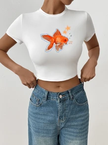 Y2K风格热带鱼印花短袖露脐休闲修身T恤，女士沙滩/度假T恤，图案T恤，女士上衣，白色夏季款 - 白色 - 查看 2