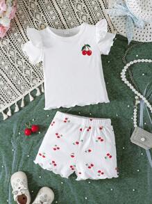 2pcs/Set Baby Girl' Cute Minimalist Cherry Embroidery Short Sleeve Top And Cherry Print Shorts, Summer Casual Outdoor Outfit - White - View 2