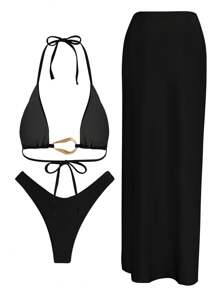 Sexy And Elegant Solid-Color Coffee Three Pieces Women's Bikini Swimsuit For Spring And Summer, Perfect For Beach Vacations, Parties And Dates - Black - View 3