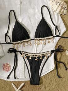 Women's Solid Color Beach Vacation Textured Fabric Shell Strap Triangle Cup Bikini Set - Black - View 2