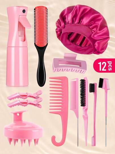 Set de 1/6/10/11 piezas de herramientas para el peinado, incluye botella rociadora, gorro para dormir, set de peines rizadores, peine de 9 filas, peine de dientes anchos, peine de cola puntiaguda, cepillo de masaje para champú. Ayuda a peinar fácilmente el cabello en el día de lavado. Adecuado para cabello natural. Accesorio de belleza para el hogar, regalo para mujeres. Kit de peinado esencial para salón, belleza y viaje.