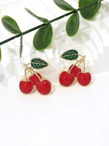 1 Pair Elegant European & American Style Exaggerated Alloy Drip Glaze Apple + Red Cherry Cute, Romantic, Luxurious Ladies Apple Earrings, Suitable For Ladies Travel, Holiday, Everyday Wear, Versatile Apple + Red Cherry Lady Earrings - Multicolor - View 11