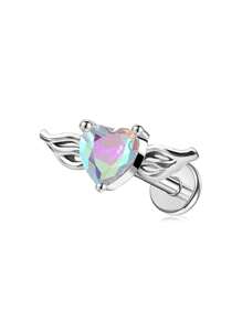 1 Stainless Steel Heart-Shaped Cubic Zirconia And Wing Combination Lip Stud, Lip Ring, Cartilage Earrings, Women's Party, Daily Wear Body Piercing Jewelry, Suitable For Valentine's Day, Women's Day, Mother's Day Gift