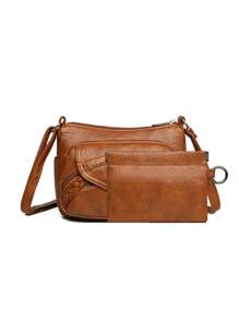 复古风格单肩包，纯色绗缝斜挎包，配有可调节肩带，多个口袋，容量大，重量轻，拉链开合，涤纶衬里，适合日常通勤、工作、旅行 - A - 查看 17