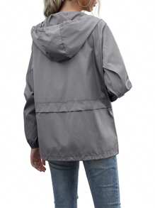 Women Water Resistant Hooded Jacket, Solid Color Zipper Open Front Drawstring Coat, L/ XL/ XXL - Dark Grey - View 6