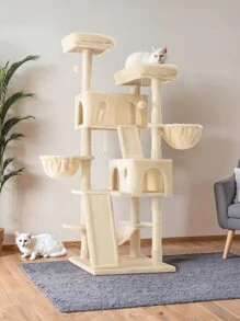 HOOMIC 65 Inch Multi-Level Large Cat Tree Tower For Indoor Cats, Furniture Activity Center With Wide Base, Cozy Plush Cat Perches, Cat Condo With Baskets, Sisal Scratching Posts And Hammock, Beige/Dark Grey/Grey/Pink/Leopard Print/Black&White - 米色 - 查看 2