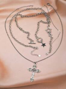 3pcs/Set Fashionable Ins Style Black Star Rhinestone, Comet, Cross Y2K Necklace Set For Women, Edgy Goth Cross Necklaces With Delicate Rhinestone Decor, Choker Design