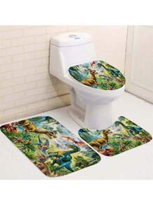 1/4pcs Dinosaur World Bathroom Set, Includes Shower Curtain With 12 Hooks, Anti-Slip Bathroom Rug, Toilet U-Shape Mat, Toilet Lid Cover, Bathroom Decor, Bathroom Curtain Set, Bathroom Accessories, Suitable For All Holidays