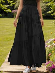 hoteel Chic Boho Style Pleated Design Maxi Skirt With Pockets, Elastic Waist Irregular Layer Hem A-Line Skirt, Woman's Clothes - 黑色 - 查看 2