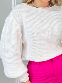 Women's Winter Cold Weather Puff Sleeve Princess Long Pleated Knit Sweater Top - 白色 - 查看 2