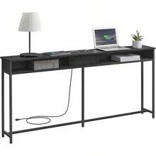 Mesa de Consola de 70 Pulgadas con Salida y estantes, Mesa de sofá con estación de Carga Oculta, Mesa de Entrada Larga para Pasillo, Sala de Estar, Gris y Negro - Mesa de doble  2 - Ver 1