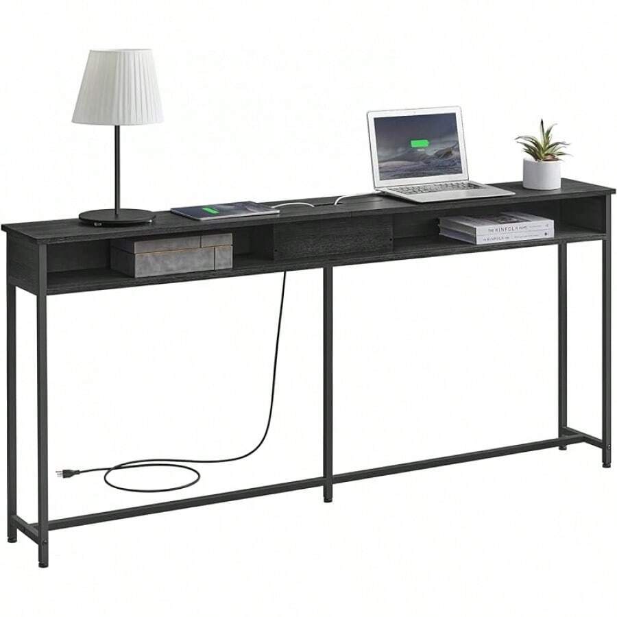 Mesa de Consola de 70 Pulgadas con Salida y estantes, Mesa de sofá con estación de Carga Oculta, Mesa de Entrada Larga para Pasillo, Sala de Estar, Gris y Negro - Mesa de doble  2 - Ver 1