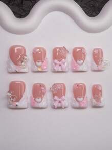 10pcs Set Handmade Y2K Baddie Style Duck Claw Fake Nails, Nude & White Color With French Tips, Heart, Flower, Butterfly, Teddy Bear, Bow Decor, Glitter Acrylic Press-On Nails For Women And Girls, Suitable For Party, Wedding, Daily Wear, Includes Tools As Gift