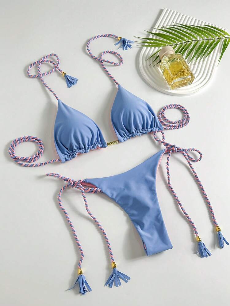 2 Peças Maiô Bikini com Alça Amarrada e Costas Abertas, Maiô Sólido Sexy e Trançado de Alta Qualidade, Novo Comércio Exterior Transfronteiriço 2025 Férias de Praia de Verão - Azul Empoeirado - Visão 2