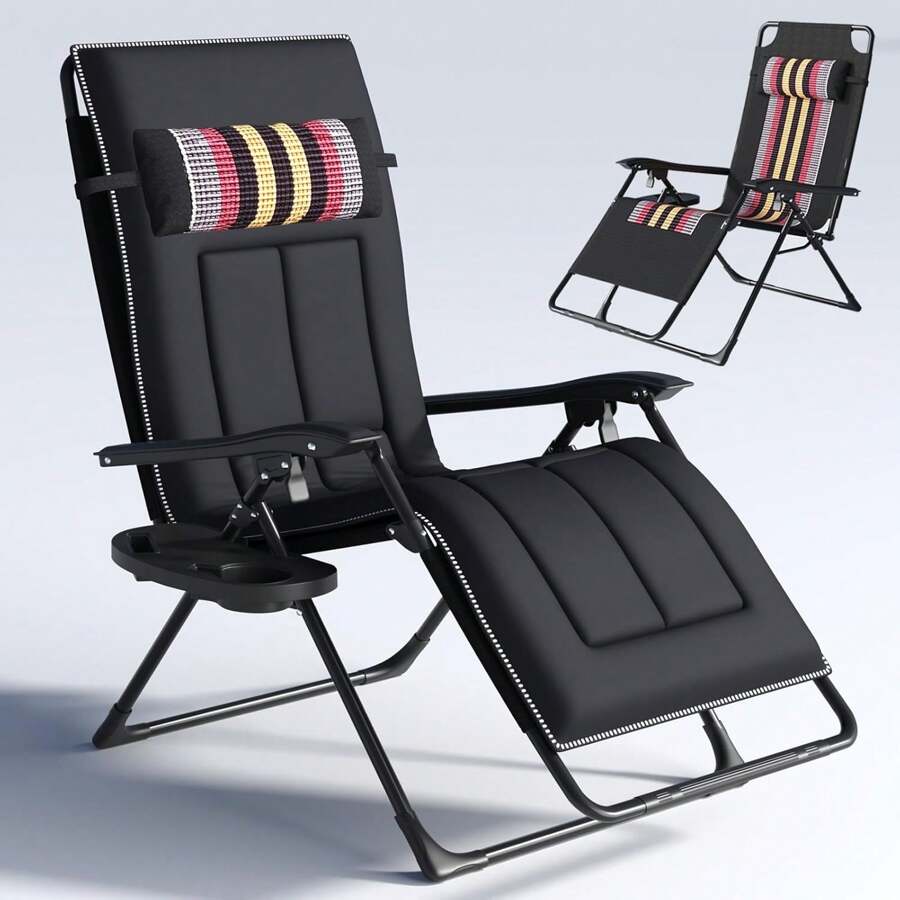 PERRTWDLF Lettino prendisole pieghevole, cuscino per lettino da giardino per 2 persone, lettino prendisole pieghevole, lettino da giardino, capacità di carico 160 kg, con portabicchieri (Nero 2)