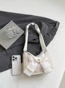 A Brand New Mini Bow Pearl Handbag, Fashionable And Avant-Garde, Made Of Exquisite And Simple Pu+Woven Material, Suitable For School, Shopping, Travel, And Spring Outings. It Is The Best Choice For Girl To Use In Spring And Is The Best Gift For Friends And Classmates - Bow Pearl Handbag - View 7