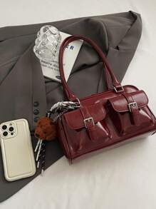 Classic Versatile Solid Color PU Waterproof Fabric, Letter Graphic Decor Design, Multi-Pocket Design, Suitable For Travel, Shopping, Commuting, Party, Dating, New Year Outfit. Pendant And Bag Sold Separately, Not Included In This Listing. - Red - View 6