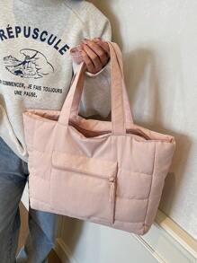 Bolso de tote acolchado de unicolor minimalista, esencial para primavera/verano. Ligero y práctico, con gran capacidad, con bolsillos, correa para el hombro, cierre con cremallera, doble correa para el hombro y un llamativo bolsillo para el brazo, adecuado para ir al trabajo, la escuela, de compras y almacenamiento. - Rosa Pálido - Ver 4