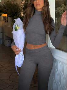 Women's 2 Piece Outfits Foldover Flare Pants Long Sleeve Crew Neck T-Shirt Fitted Pajama Sets Cotton - Heather Gray - View 5