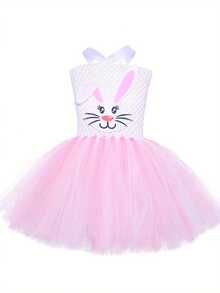 Easter Costume Bunny Tulle Dress And Headband Set For Cosplay Party Holiday Outfit - 粉色 - 查看 5