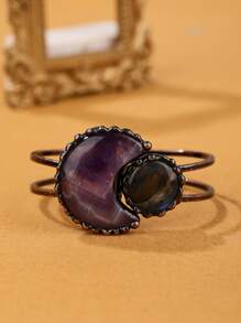 1pc Vintage Style Purple Amethyst Moon Shape Combine Natural Sunstone Exaggerated Big Handmade Welding Electroplated Bronze Color Bracelet, Women Party Gift (Natural Sunstone's Color & Shape Varies, Some Black Spots & Cracks Are Natural Phenomenon, Not Defects)