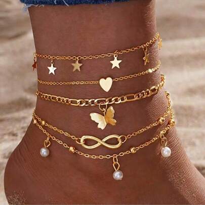 4pcs/Set Vintage Multi-Layer Tassel Anklets For Women, Bohemian Retro Pearl, Butterfly, Star & Heart Pendant Anklet Jewelry, Beach Style