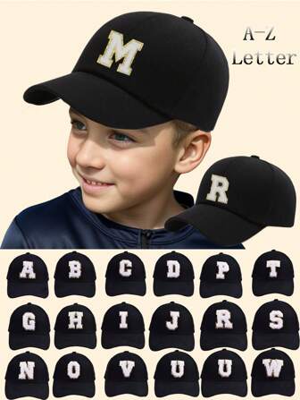 1PC Children Black 26 Letter Baseball Cap Gold Thread Embroidery Craft R Letter Design Style Kpop Fashion Snapback Cap Girls Boys Sun Hats