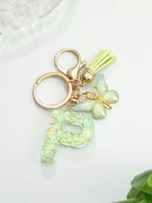 1 件创意绿色蝴蝶流苏钥匙扣带字母石树脂配件，女孩钥匙圈