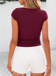 Women Summer Short Sleeve Y2K Shirt Crew Neck Ribbed Knit Stretchy Ruched Slim Fit Basic T-Shirt Workout Street Going Out Tee Shirt Tops - 酒紅色 - 查看 2