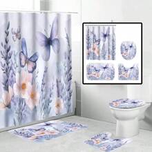 1/4pcs Artistic Floral & Butterfly Pattern Printed Waterproof Shower Curtain Set, Modern Minimalist Daily Elements, Bathroom Decor With 12 Hooks, Toilet Mat, Bathtub Curtain, Polyester Fabric, Machine Washable, Suitable As Gift For Hotel, Apartment, Home - Multicolor - View 21
