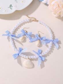 3pcs/Set Girls' Bow, Strawberry, Shell, Pearl Beaded Necklace & Earrings Jewelry Set - Multicolor - View 7
