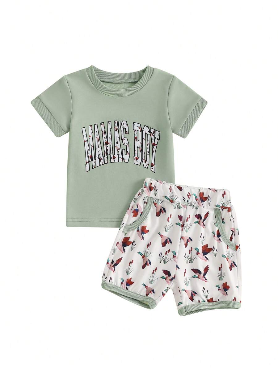Toddler Boys Summer Outfits Letter Print Round Neck Short Sleeve T-Shirts Elastic Waist Shorts 2Pcs Clothes Set - Mint Green - View 1