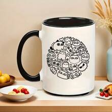 1个标准尺寸的迷人陶瓷杯。简约卡哇伊风格，圆形黑线图案点缀着各种可爱的猫咪表情。白色杯身可选配黑色杯沿和手柄（部分照片）。非常适合盛放饮料。猫咪爱好者和返校日日常使用的理想之选。