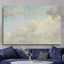 Framed Canvas Print Wall Art Pastel Blue Cloud Country Skyline Nature Wilderness Illustrations Realism Decorative Scenic Panoramic Earth For Living Suitable For Farmhouse Decoration, Easter Decoration