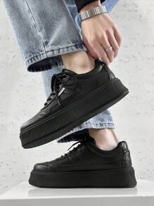 Thick Sole Round Toe Breathable Student Lace-Up Canvas Shoes Men, Solid Color Small Leather Casual Skate Shoes, Anti-Slip Work Shoes - Black - View 5