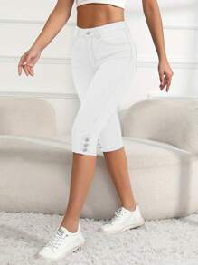 Women's Casual Stretchy Skinny Cropped Jeans-Valentine's Day - White - View 2