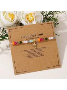 1pc Fashionable Card Cross & Square Crystal Beads Bracelet For Women