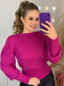 Women's Winter Cold Weather Puff Sleeve Princess Long Pleated Knit Sweater Top - 玫瑰紅 - 查看 1