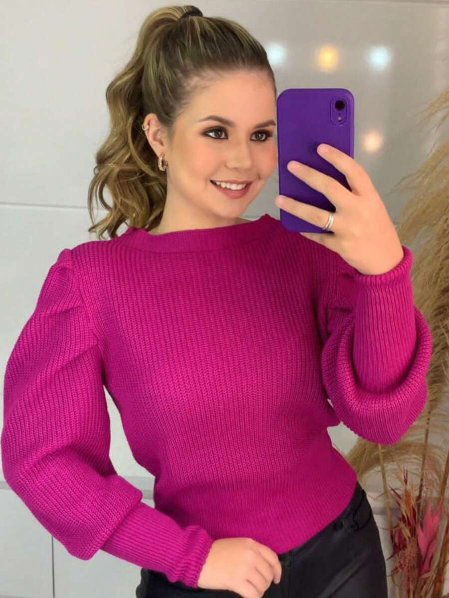 Women's Winter Cold Weather Puff Sleeve Princess Long Pleated Knit Sweater Top - 玫瑰紅 - 查看 1