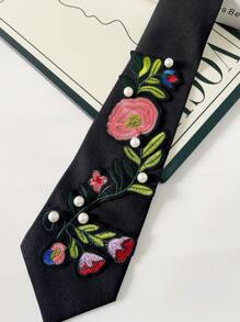 1 Stück schwarze Blumen Stickerei & Perlen Dekor Krawatte, matte Polyesterfaser, 48 cm extra lang, 3D-Stickerei, Perlen Akzente, verstellbarer Metallverschluss, elegante Abendgarderobe für Hochzeit, Jahrestag, Valentinstag