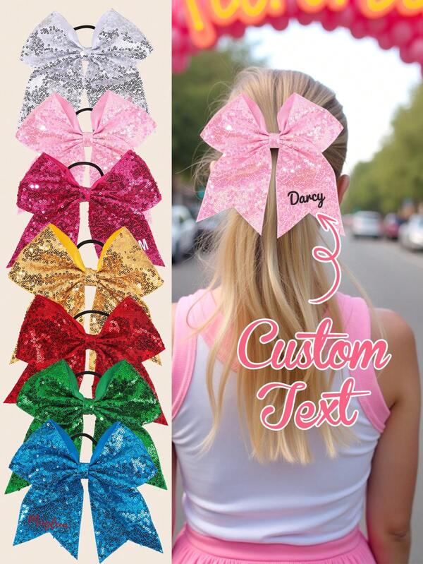 1 pièce nœud pour cheveux personnalisé pour filles, bandeau avec nom personnalisé, lien pour cheveux à paillettes multicolores, accessoire de cheveux élastique pour pompons de cheerleading, accessoire de cheveux exquis à personnaliser pour pompons de cheerleading pour filles