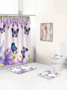 1 Pc/4 Pcs Hummingbird, Butterfly & Floral Pattern Multi-Functional Waterproof Bathroom Shower Curtain With 12 Hooks, Non-Slip Bath Mat, U-Shaped Toilet Mat & Round Toilet Lid Cover, Bathroom Set For Full Scene Use Back To School