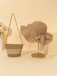 2Pcs Women Khaki Beach Sun Visor Wave Straw Hat & Crossbody Straw Tote Bag Set, Suitable For Travel & Vacation