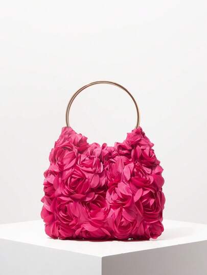 Elegant Rose Flower Evening Clutch-väska, Formell Party-handväska för kvinnor, Sweet Girl-handväska, Enfärgad Bucket-väska, Brudväska (Slumpmässigt mönster)