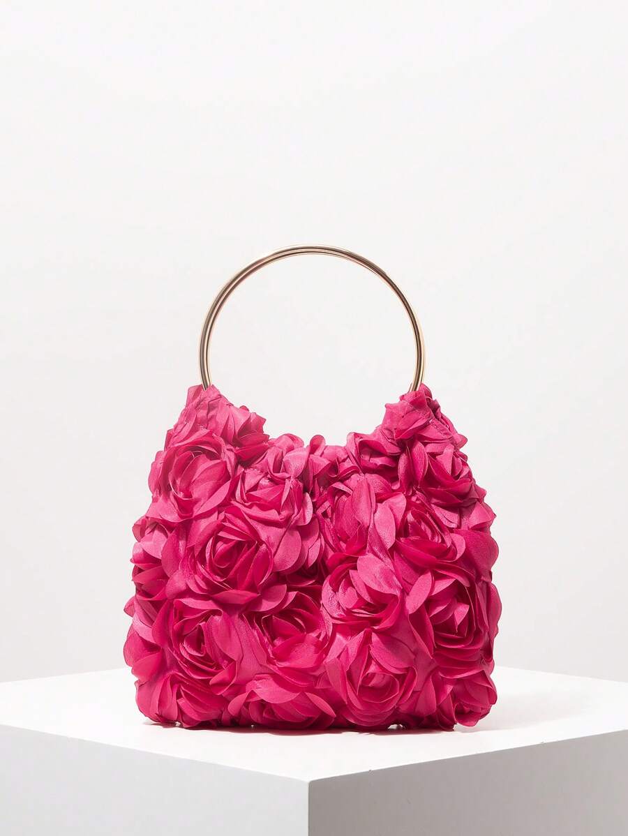 优雅玫瑰花朵晚宴手拿包，女士正式派对手提包，甜美女孩手提包，纯色水桶包，新娘手提包（图案随机） - 玫紅色 - 查看 1
